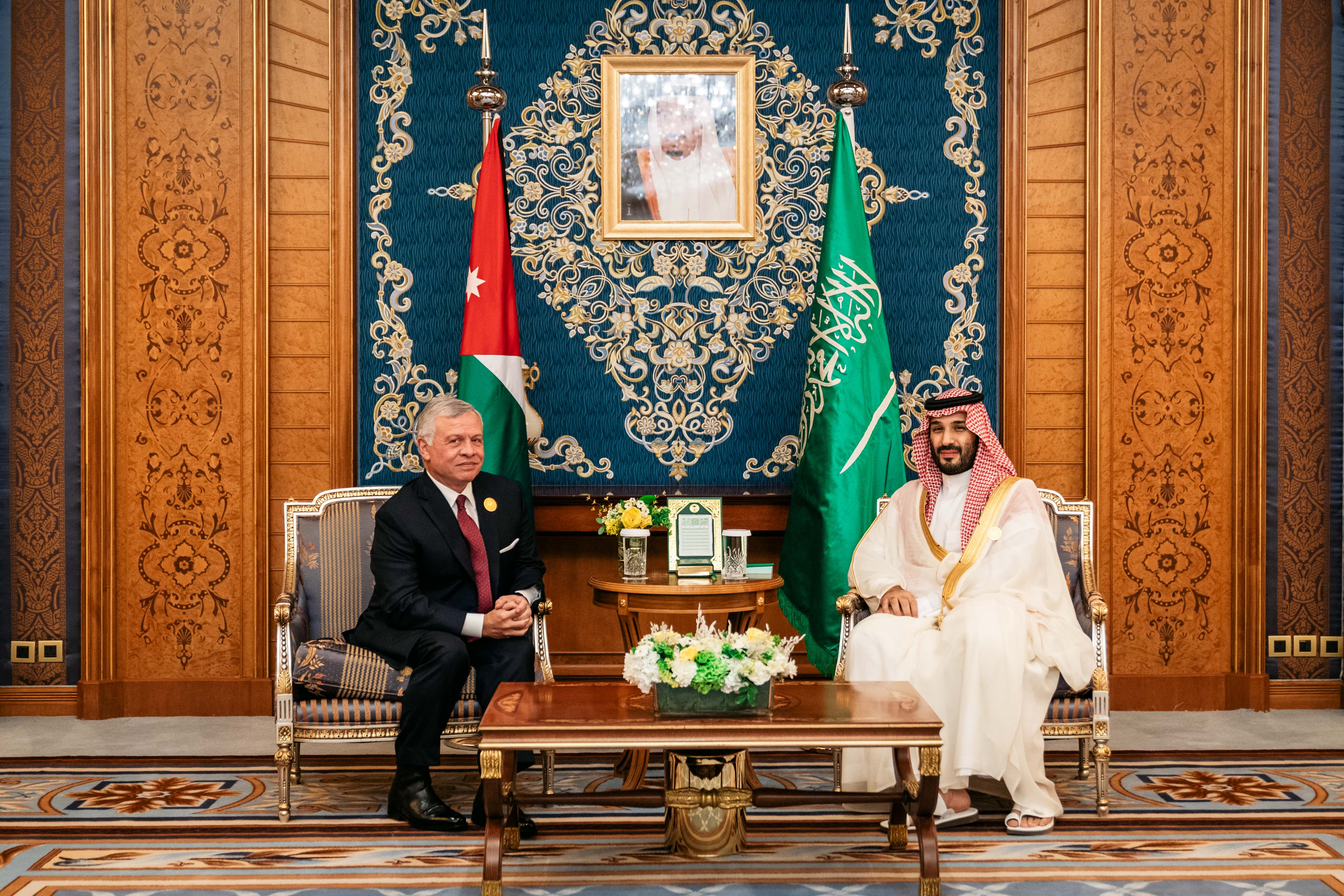His Majesty King Abdullah meets with Saudi Crown Prince Mohammed bin Salman bin Abdulaziz Al Saud, the Prime Minister of Saudi Arabia, during a meeting attended by HRH Crown Prince Hussein and held on sidelines of Arab Summit in Jeddah on Friday (Photo courtesy of Royal Court)